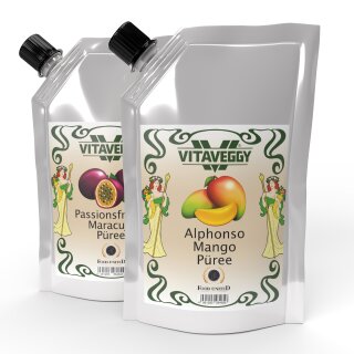 VITAVEGGY MARACUJA MANGO Frucht-P&uuml;ree Mix 24x 1kg Mango-Passion-Fruit-Puree