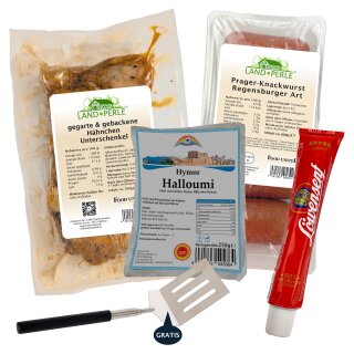 Grillpaket mit Senf, Halloumi, Knackwurst &amp; H&auml;hnchenunterschenkel