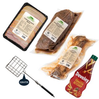 Grillpaket mit Tomatenketchup, Speck, Rinderrippchen &amp; Pulled Beef